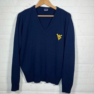 Vintage West Viginia WVU Sweater Mens Medium Blue V Neck Stitched Logo 80s
